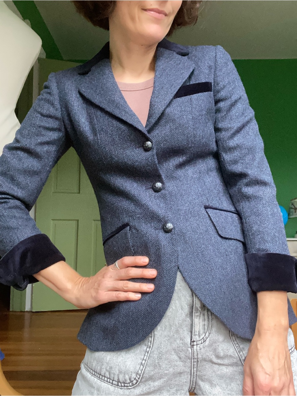 Stumper & Fielding merino wool Navy Herringbone Blazer Jacket England equestrian